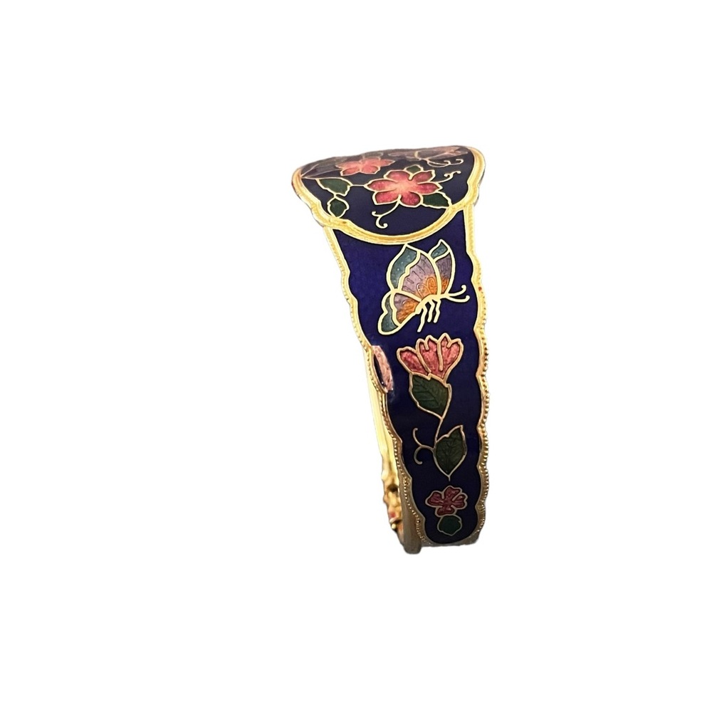 Vtg Enamel Flower Butterfly Multicolor Cloisonné Gold Tone Bracelet Cuff Bangle - Picture 4 of 12